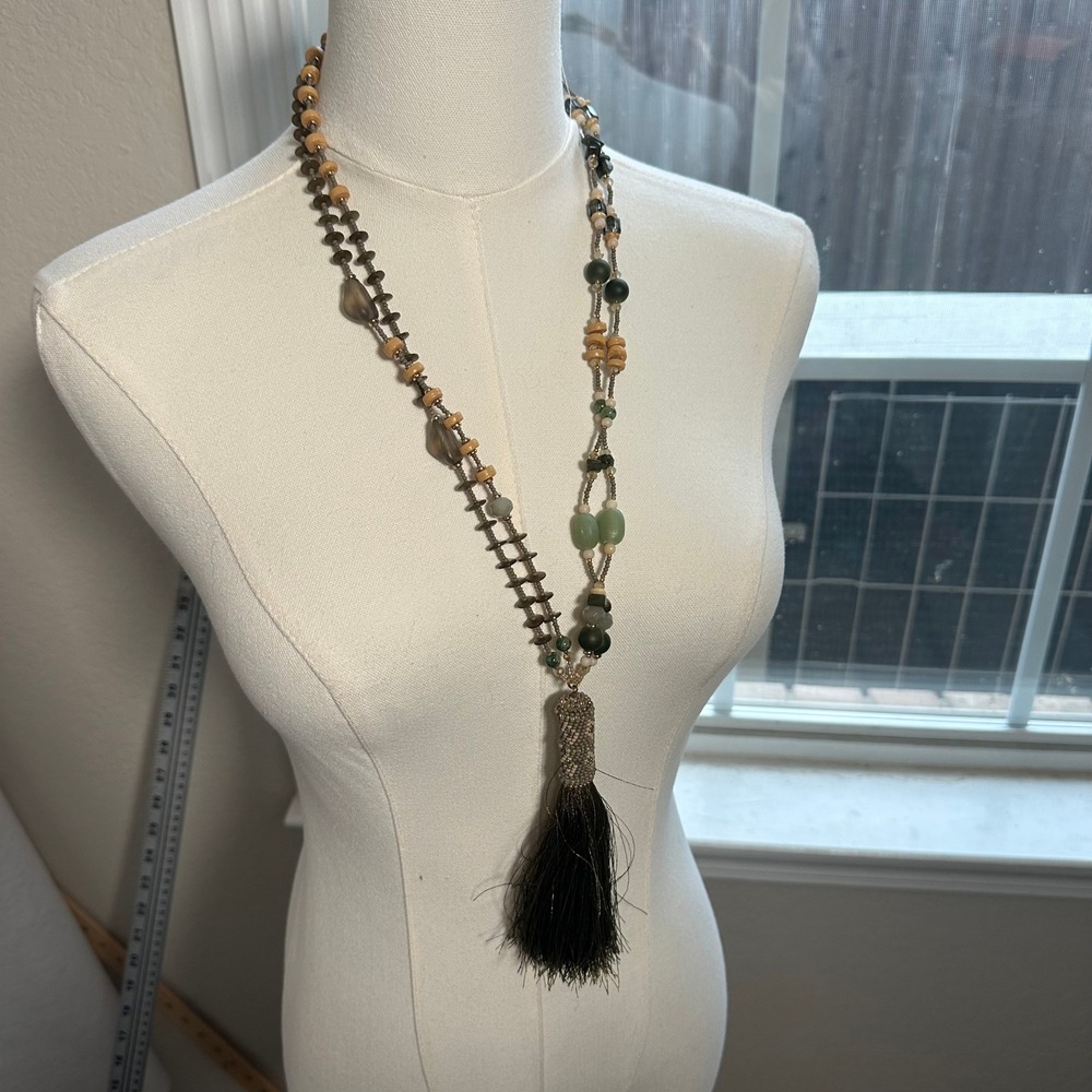 Chicos Long Beaded Tassel Necklace Green Brown Wood Glass Boho Statement